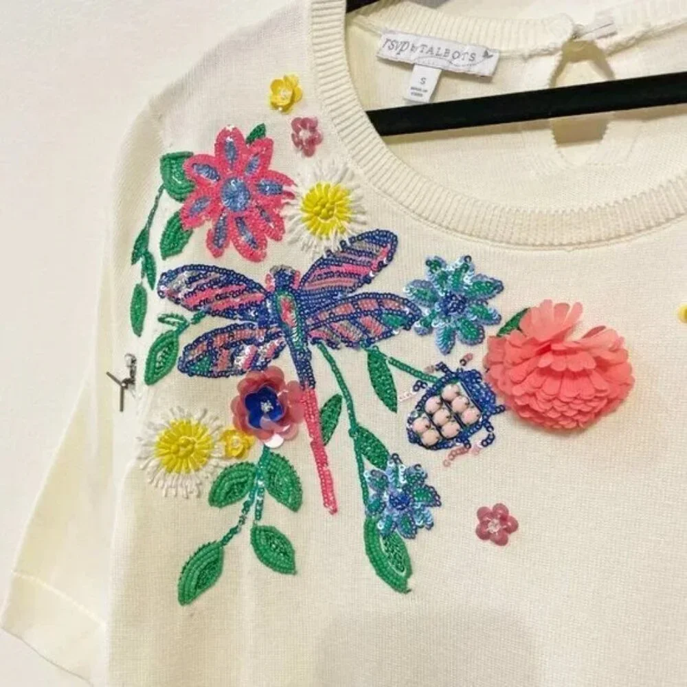 Like New Talbots Embellished Short Sleeve Sweater Cream Small